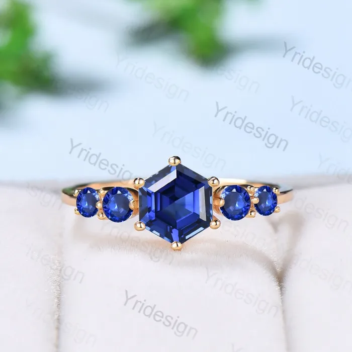 Vintage blue sapphire gold ring Unique hexagon cut healing sapphire engagement ring five stone minimalist personalized wedding ring women PENFINE Rings Vintage blue sapphire gold ring Unique hexagon cut healing sapphire engagement ring five stone minimalist personalized wedding ring women PENFINE Rings