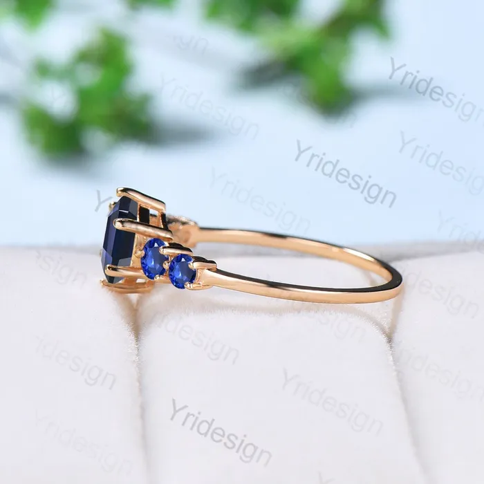 Vintage blue sapphire gold ring Unique hexagon cut healing sapphire engagement ring five stone minimalist personalized wedding ring women PENFINE Rings Vintage blue sapphire gold ring Unique hexagon cut healing sapphire engagement ring five stone minimalist personalized wedding ring women PENFINE Rings