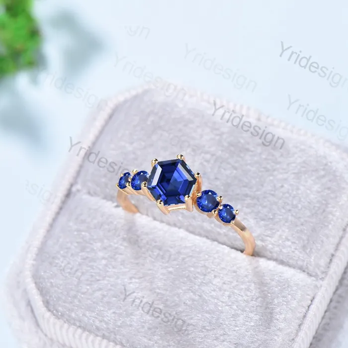 Vintage blue sapphire gold ring Unique hexagon cut healing sapphire engagement ring five stone minimalist personalized wedding ring women PENFINE Rings Vintage blue sapphire gold ring Unique hexagon cut healing sapphire engagement ring five stone minimalist personalized wedding ring women PENFINE Rings