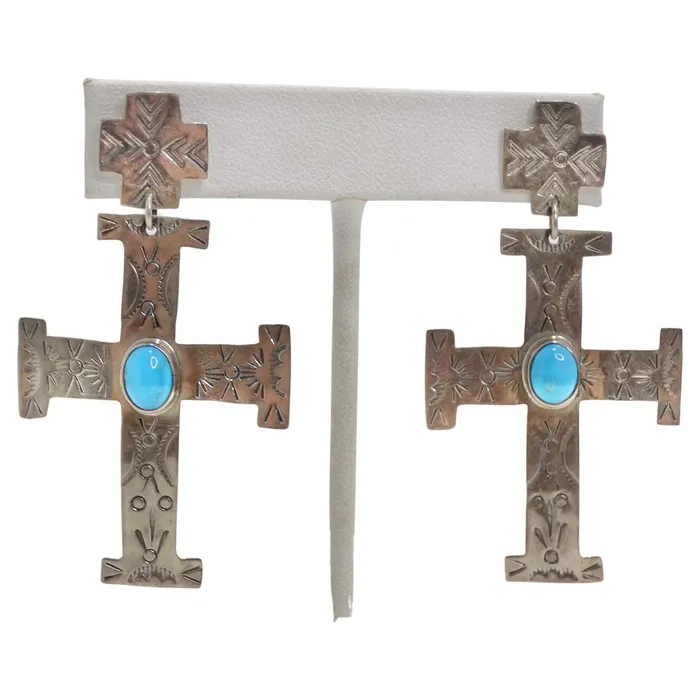 Vintage by Misty Earrings 1960 Silver Turquoise Cross Earrings