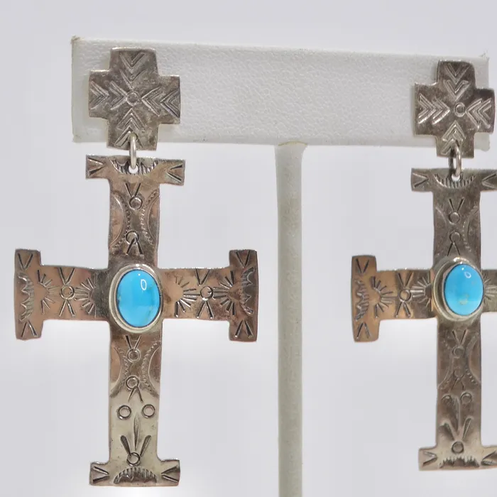 Vintage by Misty Earrings 1960 Silver Turquoise Cross Earrings
