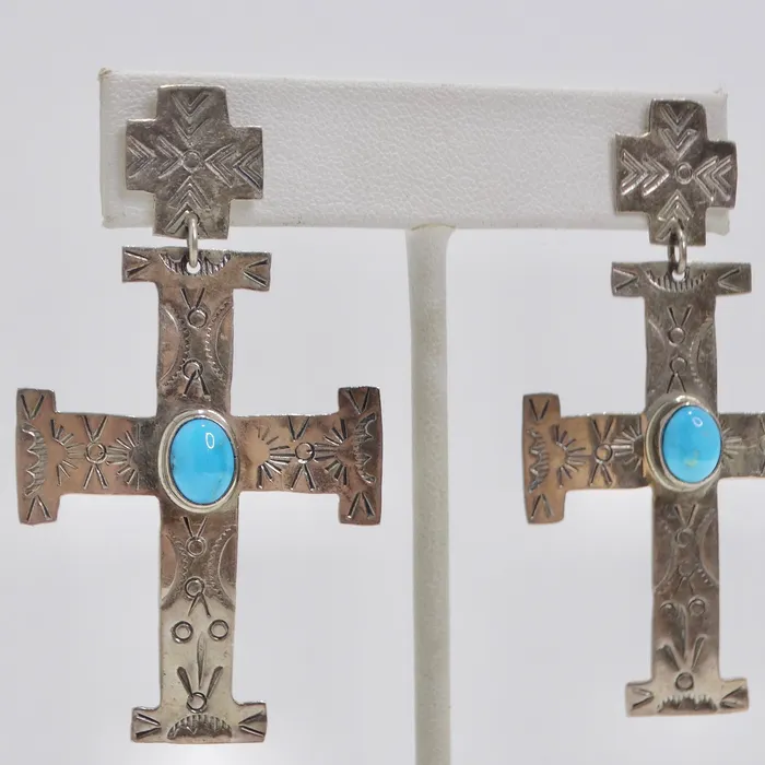 Vintage by Misty Earrings 1960 Silver Turquoise Cross Earrings