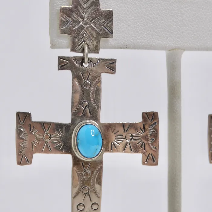 Vintage by Misty Earrings 1960 Silver Turquoise Cross Earrings