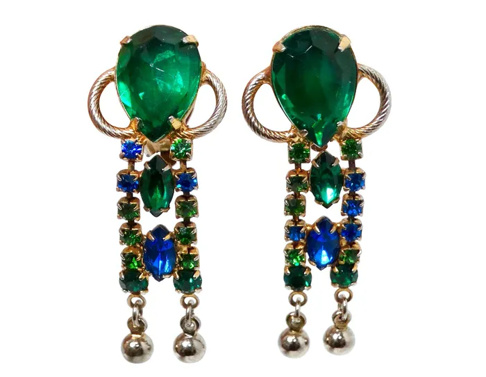 Vintage by Misty Earrings Vintage Emerald Green Sapphire Blue Rhinestone Dangle ClipOn Earrings