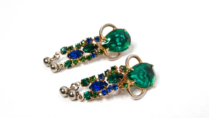 Vintage by Misty Earrings Vintage Emerald Green Sapphire Blue Rhinestone Dangle ClipOn Earrings