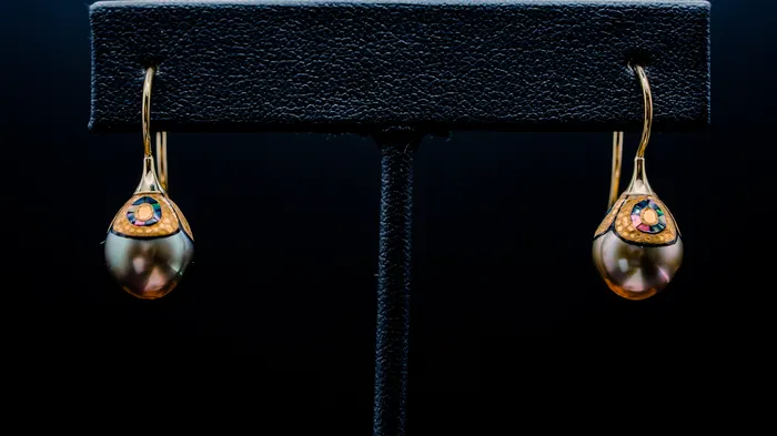 14k Yellow Gold Decorated South Sea Pearl Earrings Vicky Bates Earrings
