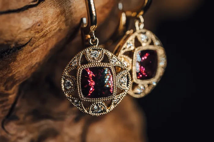 14k Yellow Gold Rhodolite Garnet and Diamond Drop Earrings Stanton Earrings 14k Yellow Gold Rhodolite Garnet and Diamond Drop Earrings Stanton Earrings