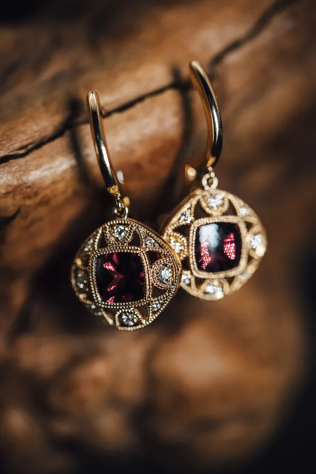 14k Yellow Gold Rhodolite Garnet and Diamond Drop Earrings Stanton Earrings