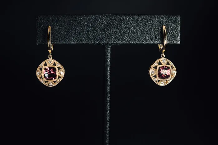 14k Yellow Gold Rhodolite Garnet and Diamond Drop Earrings Stanton Earrings