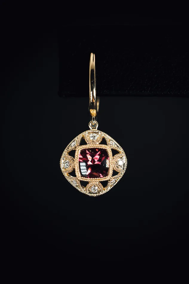 14k Yellow Gold Rhodolite Garnet and Diamond Drop Earrings Stanton Earrings