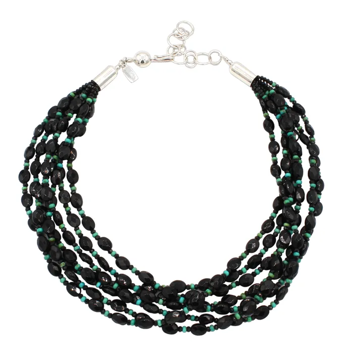 7 Strand Black Onyx and Turquoise Bead Necklace Artie Yellowhorse Necklaces