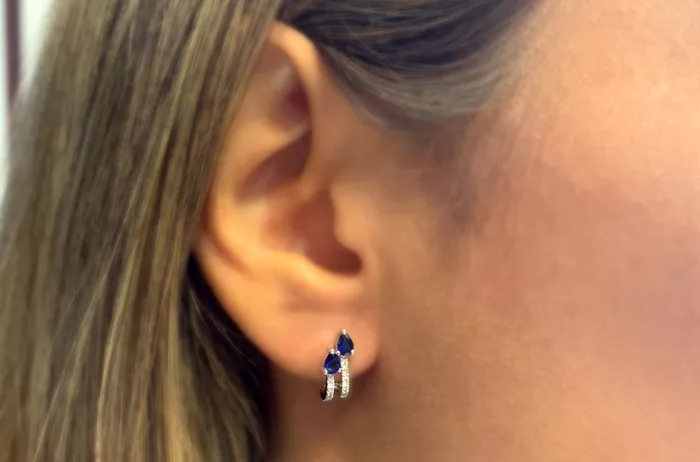 Albert Hern Earrings 14kt Gold Illusion Huggies Blue Sapphires Diamonds Earrings