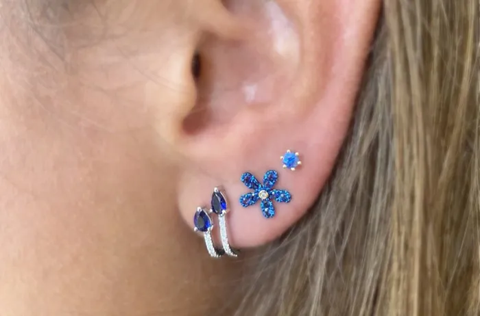 Albert Hern Earrings 14kt Gold Illusion Huggies Blue Sapphires Diamonds Earrings