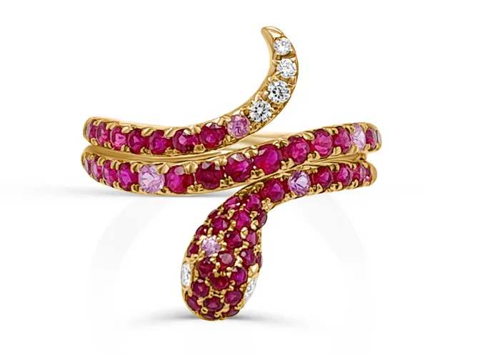 Albert Hern Ring 18kt Gold Snake Rubies Diamonds Rings