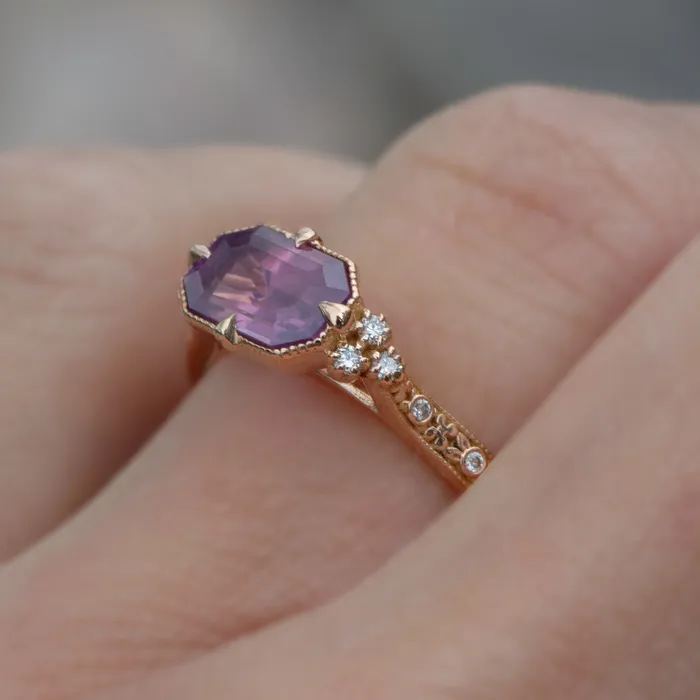 AlbrechtJewellery Rings Pink Sapphire Ring with Diamonds 14K Rose Gold Handcarved Floral Design AlbrechtJewellery Rings Pink Sapphire Ring with Diamonds 14K Rose Gold Handcarved Floral Design