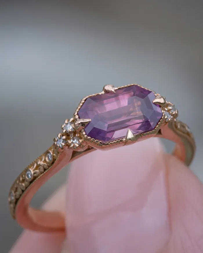 AlbrechtJewellery Rings Pink Sapphire Ring with Diamonds 14K Rose Gold Handcarved Floral Design AlbrechtJewellery Rings Pink Sapphire Ring with Diamonds 14K Rose Gold Handcarved Floral Design