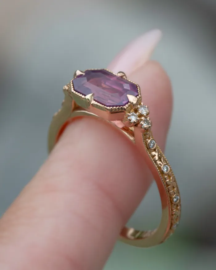 AlbrechtJewellery Rings Pink Sapphire Ring with Diamonds 14K Rose Gold Handcarved Floral Design AlbrechtJewellery Rings Pink Sapphire Ring with Diamonds 14K Rose Gold Handcarved Floral Design