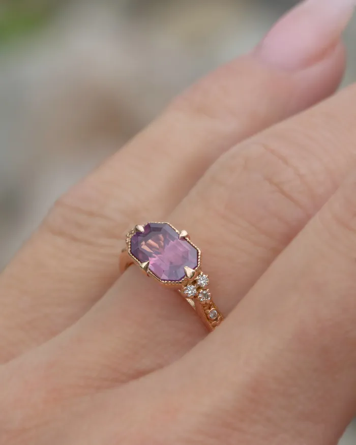AlbrechtJewellery Rings Pink Sapphire Ring with Diamonds 14K Rose Gold Handcarved Floral Design AlbrechtJewellery Rings Pink Sapphire Ring with Diamonds 14K Rose Gold Handcarved Floral Design