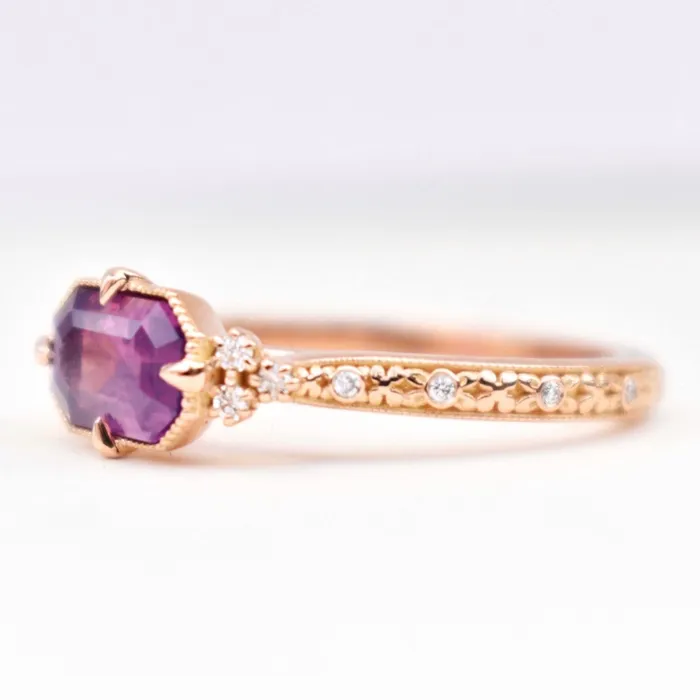 AlbrechtJewellery Rings Pink Sapphire Ring with Diamonds 14K Rose Gold Handcarved Floral Design AlbrechtJewellery Rings Pink Sapphire Ring with Diamonds 14K Rose Gold Handcarved Floral Design