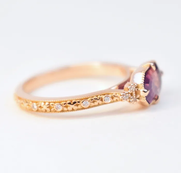 AlbrechtJewellery Rings Pink Sapphire Ring with Diamonds 14K Rose Gold Handcarved Floral Design AlbrechtJewellery Rings Pink Sapphire Ring with Diamonds 14K Rose Gold Handcarved Floral Design