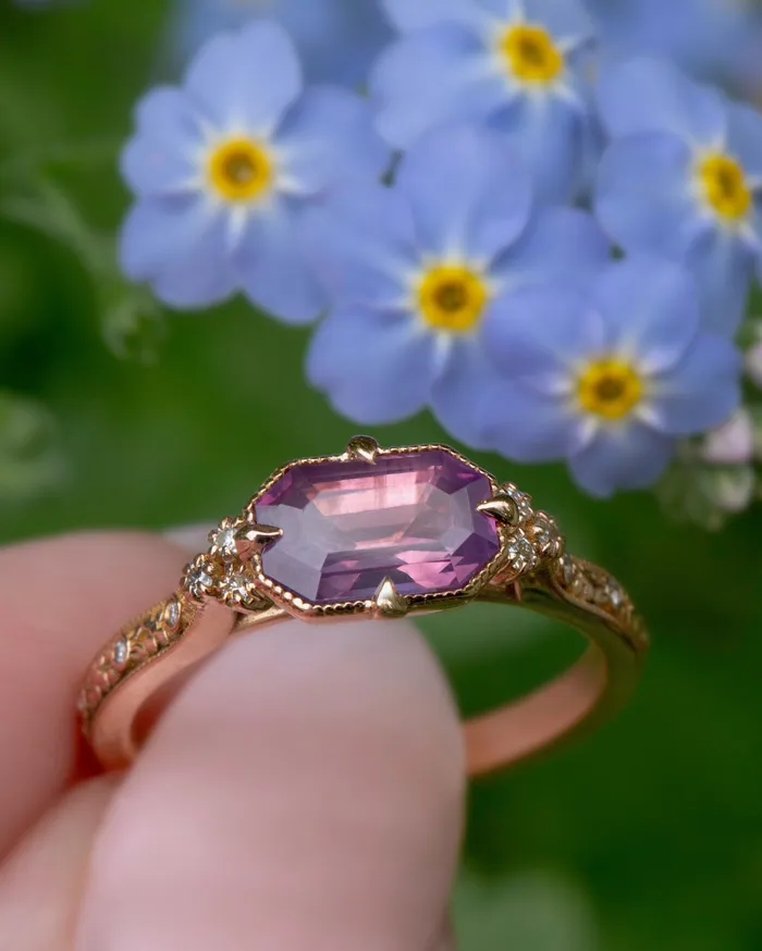 AlbrechtJewellery Rings Pink Sapphire Ring with Diamonds 14K Rose Gold Handcarved Floral Design AlbrechtJewellery Rings Pink Sapphire Ring with Diamonds 14K Rose Gold Handcarved Floral Design