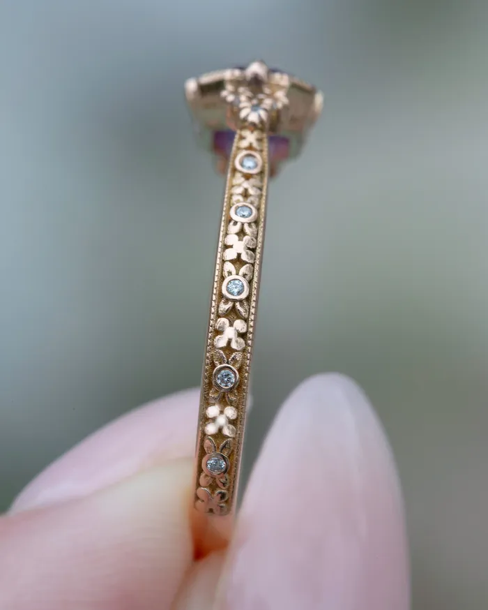 AlbrechtJewellery Rings Pink Sapphire Ring with Diamonds 14K Rose Gold Handcarved Floral Design AlbrechtJewellery Rings Pink Sapphire Ring with Diamonds 14K Rose Gold Handcarved Floral Design