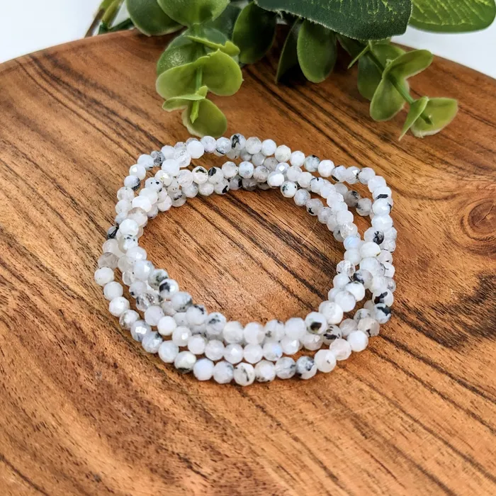 Bracelets White Moonstone w Black Tourmaline 4 mm Faceted Bracelet LV2417 Bliss Crystals