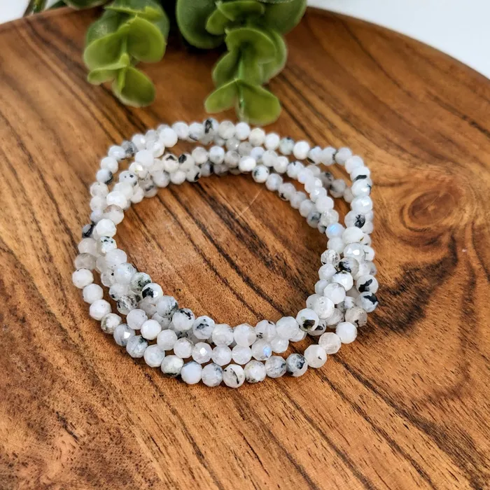 Bracelets White Moonstone w Black Tourmaline 4 mm Faceted Bracelet LV2417 Bliss Crystals