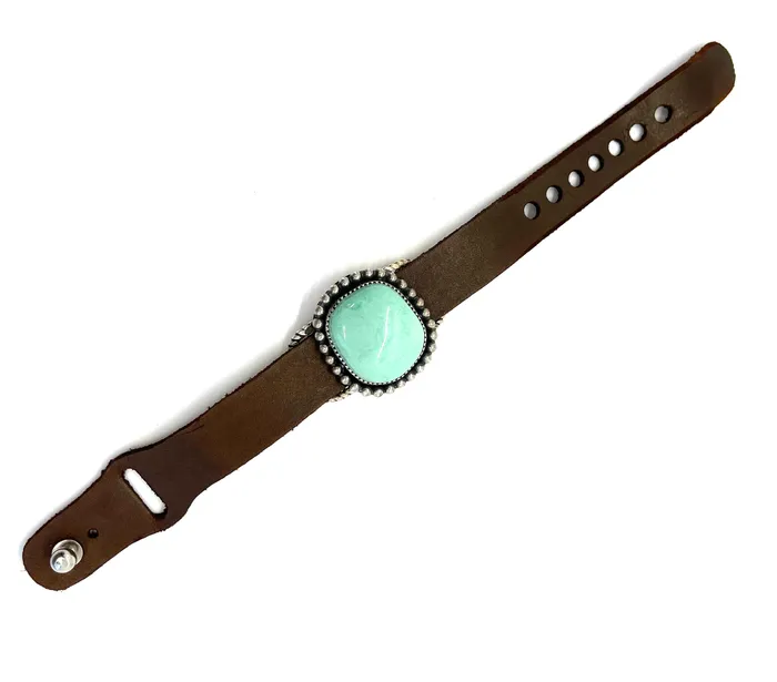 Brown Leather Bracelet with Large Turquoise Stone Jeanette Dale Bracelets Brown Leather Bracelet with Large Turquoise Stone Jeanette Dale Bracelets