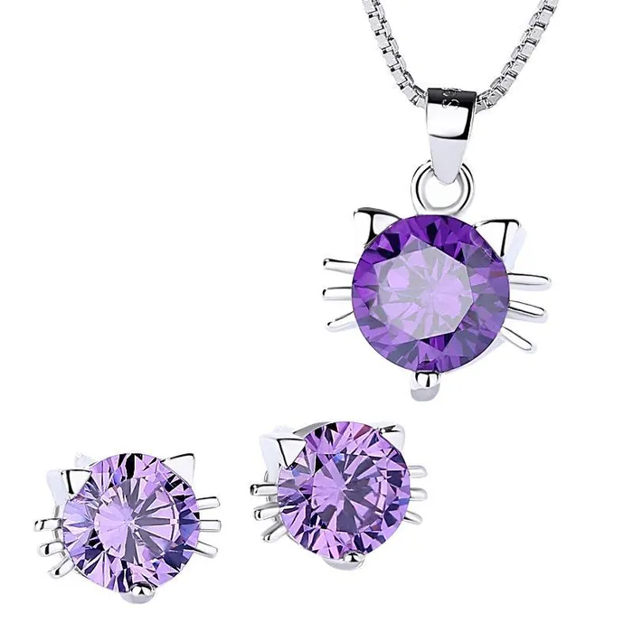 Cat Necklace Ring and Earrings SETPurple or Clear CZ in 925 SilverAdorable AliExpress Earrings Cat Necklace Ring and Earrings SETPurple or Clear CZ in 925 SilverAdorable AliExpress Earrings