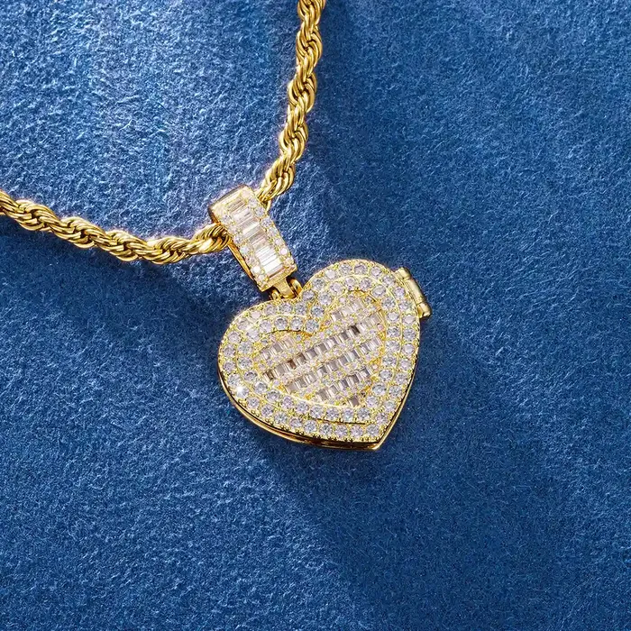 Custom Mini Baguette Heart Cover Photo Pendant icezeusshop Necklaces Custom Mini Baguette Heart Cover Photo Pendant icezeusshop Necklaces