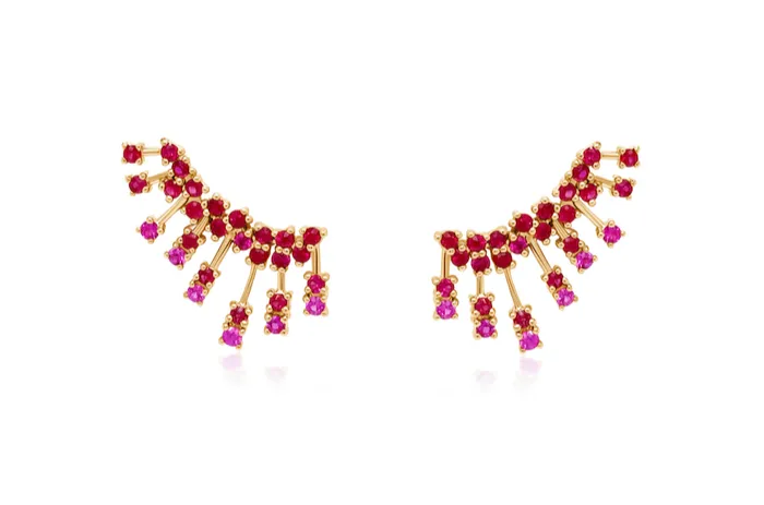 Earrings 14kt Gold Climber Round Rubies Stardusts Albert Hern Earrings