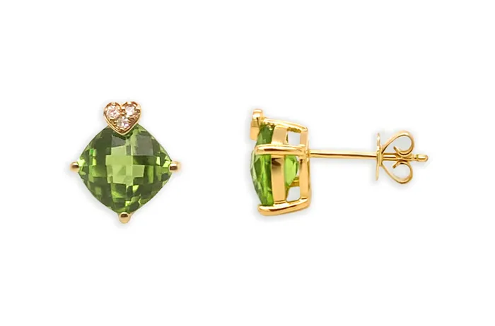 Earrings Albert Hern Earrings 14kt Gold Hearts Cushion Peridot Diamonds Studs