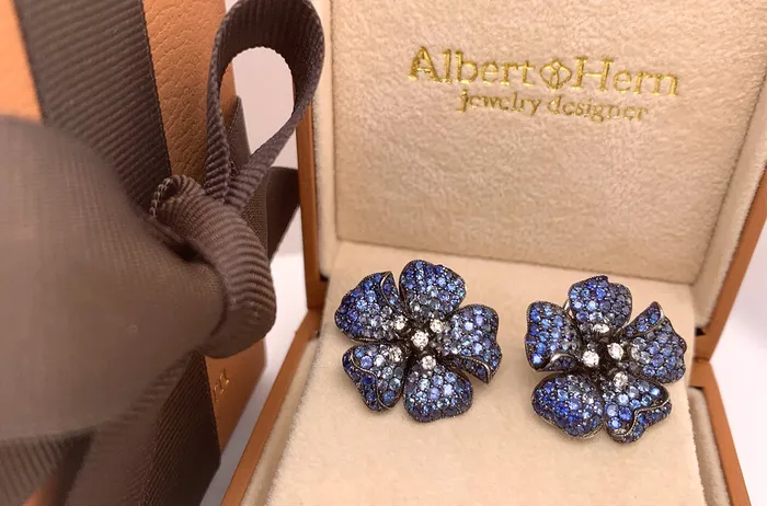 Earrings Flowers with Blue Sapphires Degrade Diamonds Albert Hern Earrings