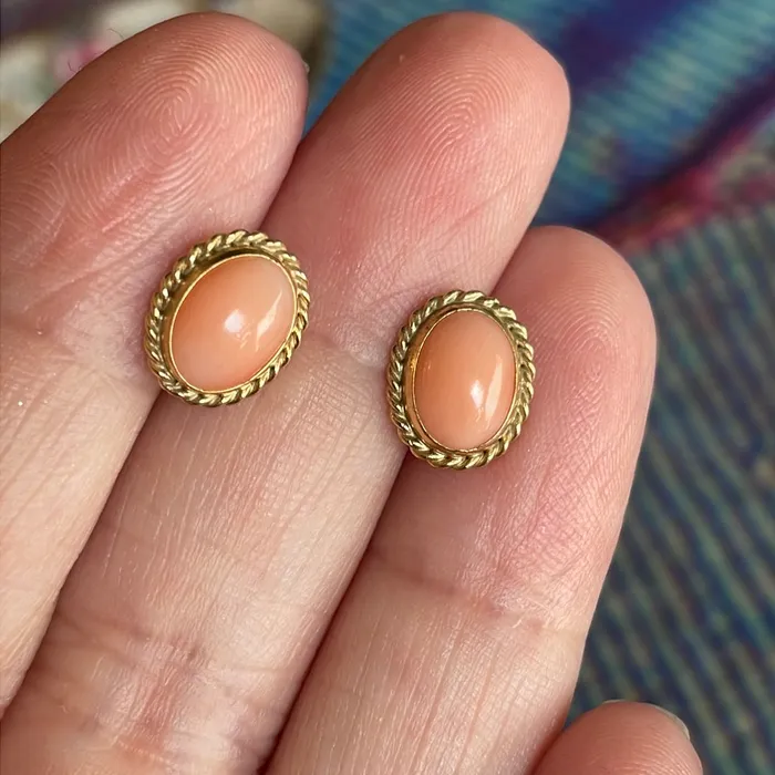 Earrings Vintage Paris Jewelry Coral Earrings Rope Bezel 14k Gold Vintage