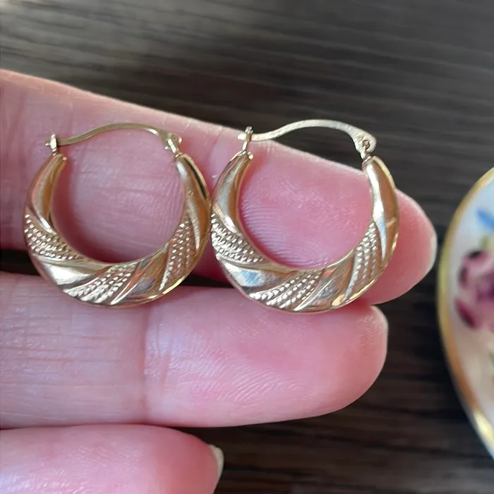 Flattened Patterned Hoop Earrings 10k Gold Vintage Vintage Paris Jewelry Earrings Flattened Patterned Hoop Earrings 10k Gold Vintage Vintage Paris Jewelry Earrings