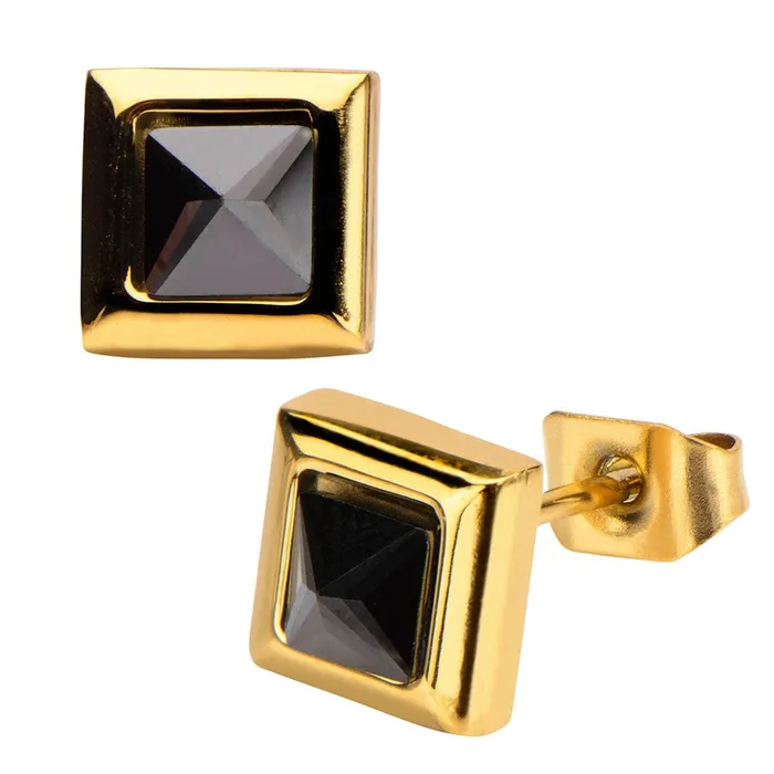 Gold Stainless Steel Black Pyramid Crystal Square Studs INOX JEWELRY Bracelets