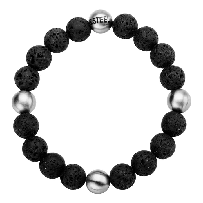 INOX JEWELRY Bracelets Silver Tone Stainless Steel and Black Lava Satin Stretch Bracelet