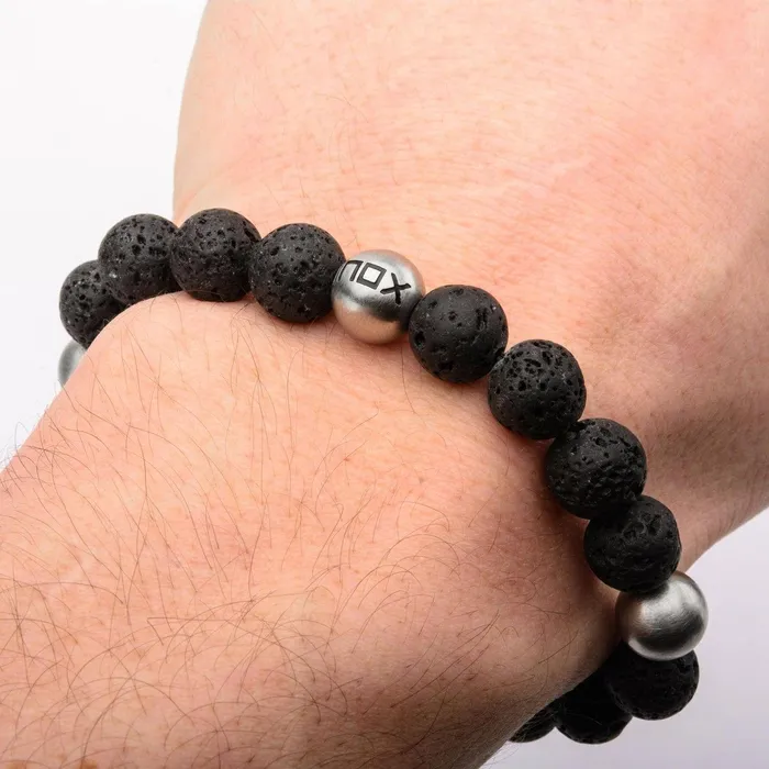 INOX JEWELRY Bracelets Silver Tone Stainless Steel and Black Lava Satin Stretch Bracelet