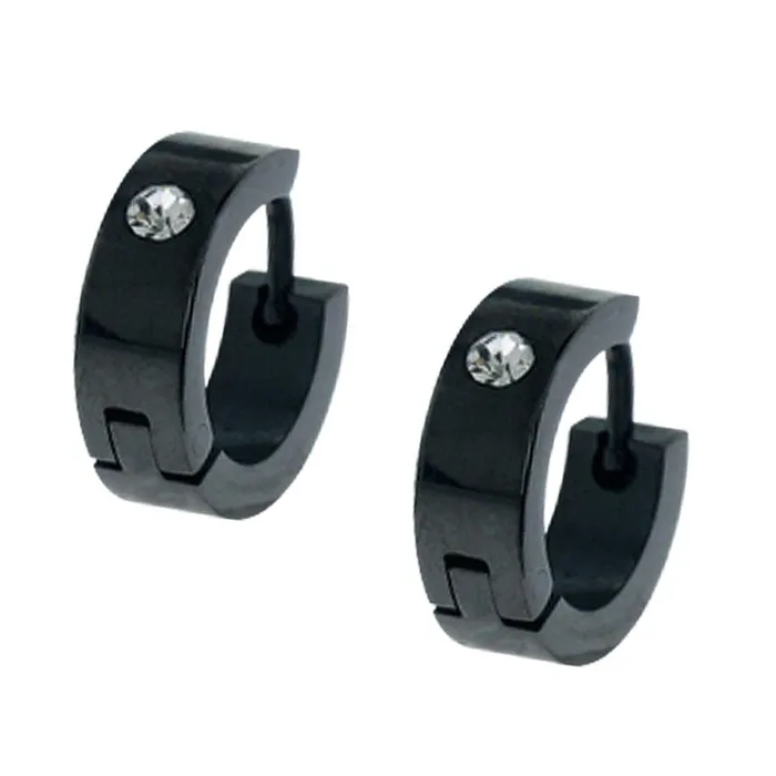 INOX JEWELRY Earrings Black Stainless Steel Single CZ Huggie Earrings