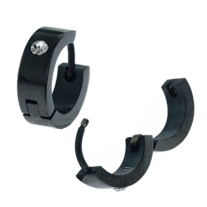 INOX JEWELRY Earrings Black Stainless Steel Single CZ Huggie Earrings
