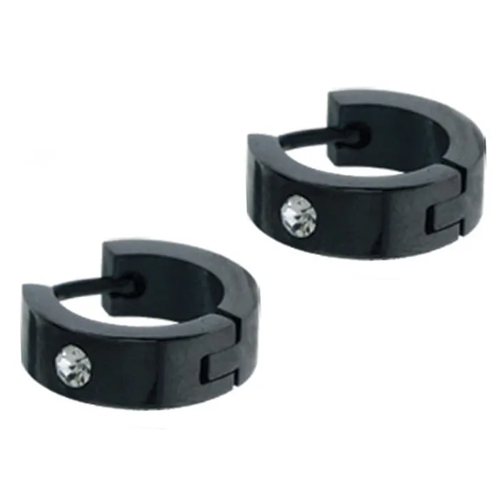 INOX JEWELRY Earrings Black Stainless Steel Single CZ Huggie Earrings