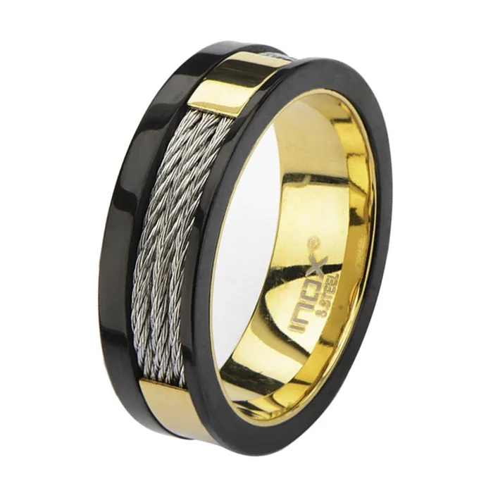 INOX JEWELRY Rings Black Golden and Silver Tone Stainless Steel Partial Exposed Cable Ring INOX JEWELRY Rings Black Golden and Silver Tone Stainless Steel Partial Exposed Cable Ring