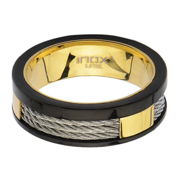 INOX JEWELRY Rings Black Golden and Silver Tone Stainless Steel Partial Exposed Cable Ring