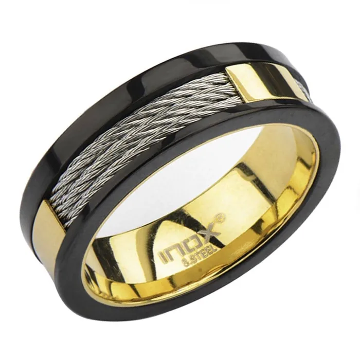 INOX JEWELRY Rings Black Golden and Silver Tone Stainless Steel Partial Exposed Cable Ring