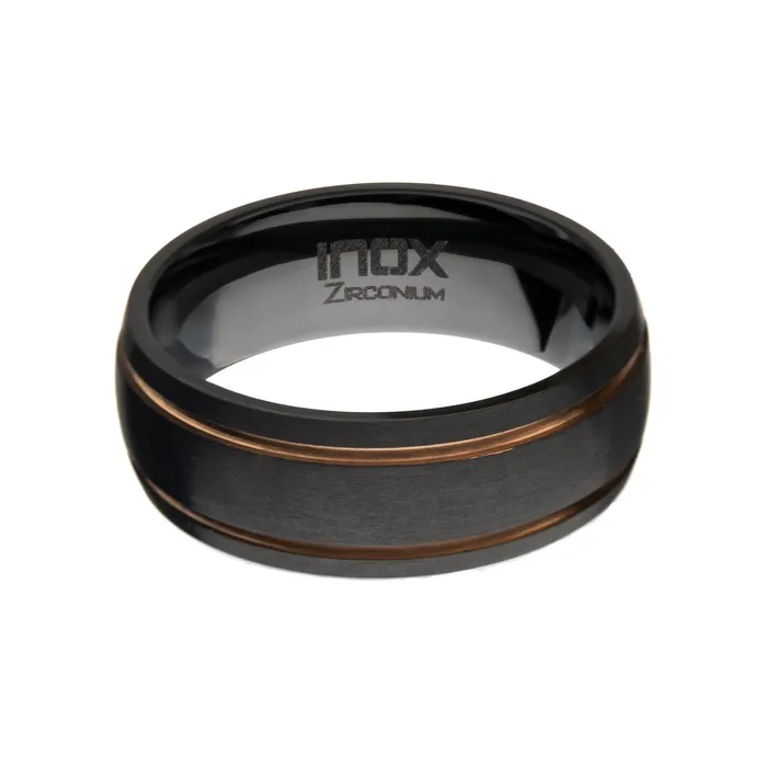 INOX JEWELRY Rings Black Zirconium with Rose Tone Stainless Steel 8mm Wedding Band Ring