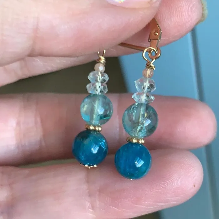 Love Vintage Paris Apatite Fluorite Aquamarine and Peach Moonstone Earrings Gold Filled Handmade Earrings