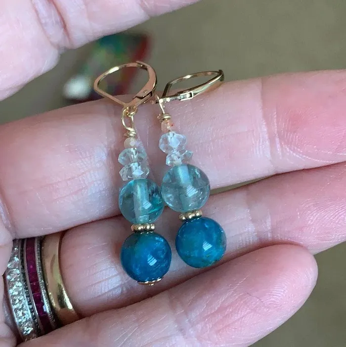 Love Vintage Paris Apatite Fluorite Aquamarine and Peach Moonstone Earrings Gold Filled Handmade Earrings