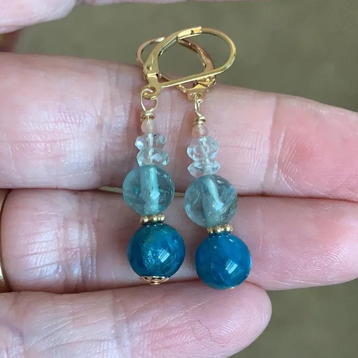 Love Vintage Paris Apatite Fluorite Aquamarine and Peach Moonstone Earrings Gold Filled Handmade Earrings