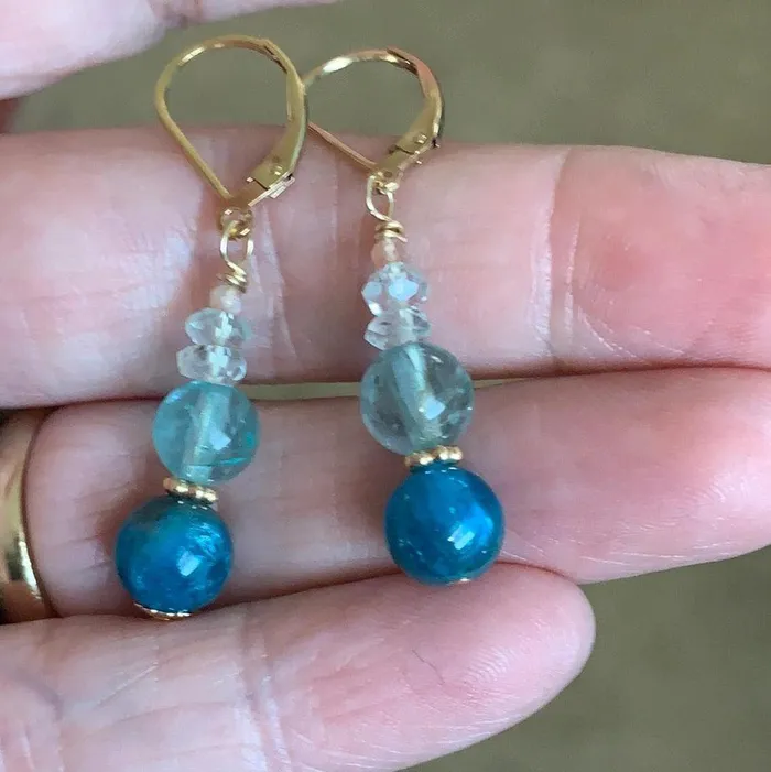 Love Vintage Paris Apatite Fluorite Aquamarine and Peach Moonstone Earrings Gold Filled Handmade Earrings